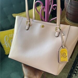 Lauren Ralph Lauren Petal Pink Newberry Halee Gold Leaf Leather Tote